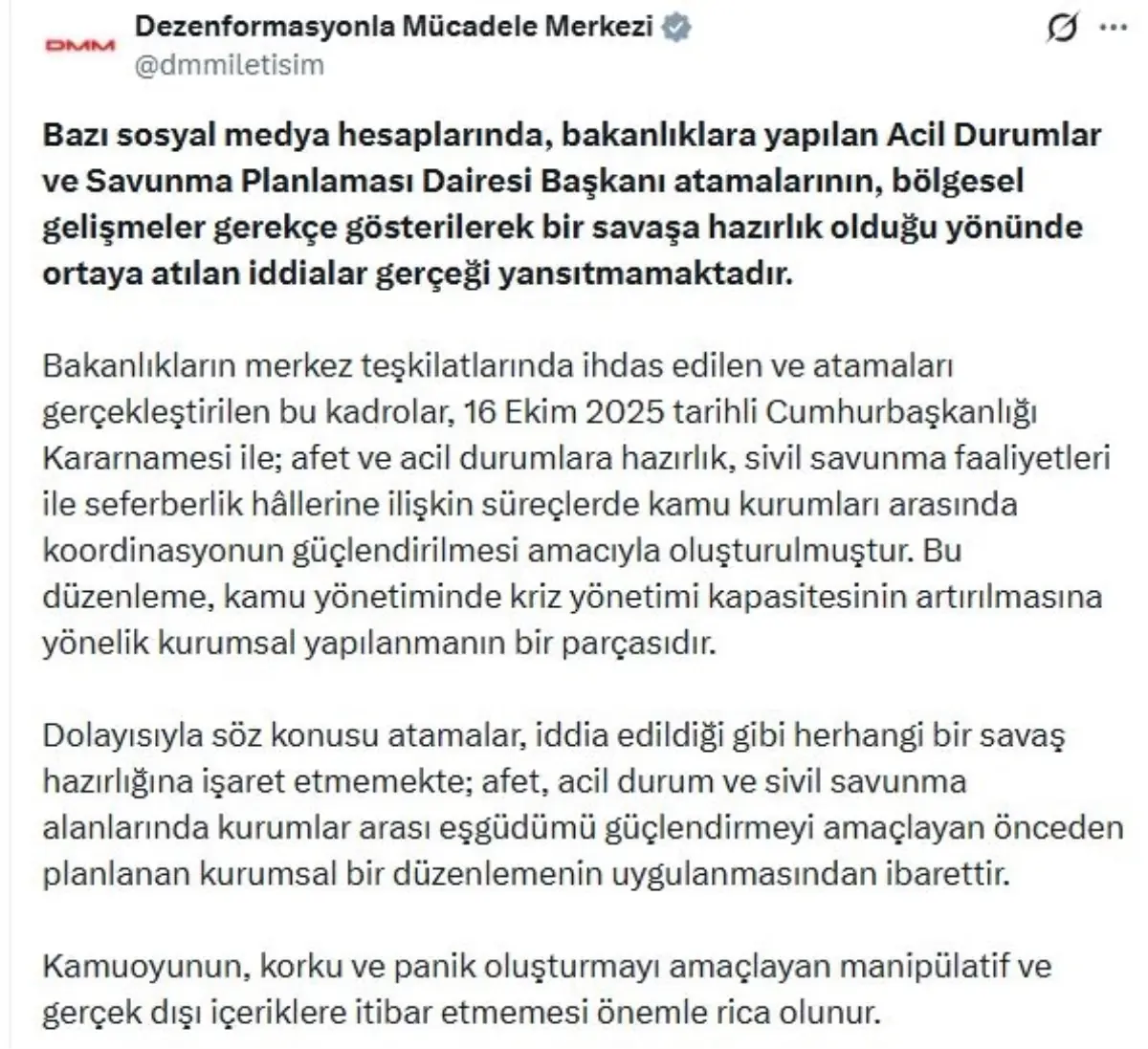 DMM, Bakanlık Atamalarının Savaş Hazırlığı Olmadığını Açıkladı