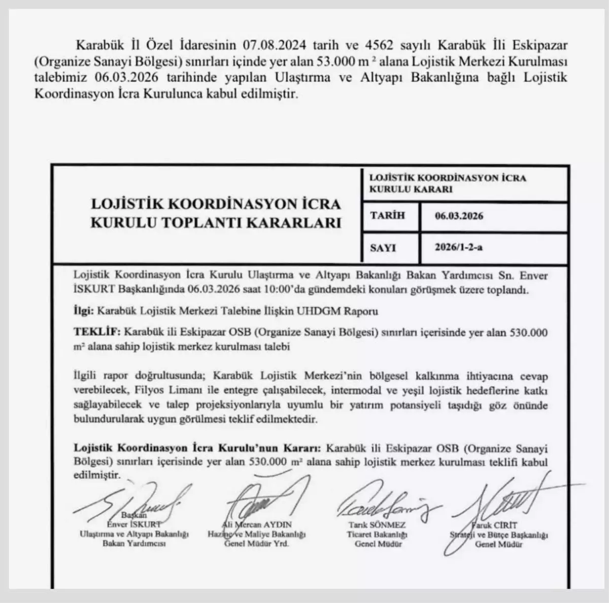 Karabük’te Stratejik Lojistik Merkezi Projesi Resmi Onay Aldı