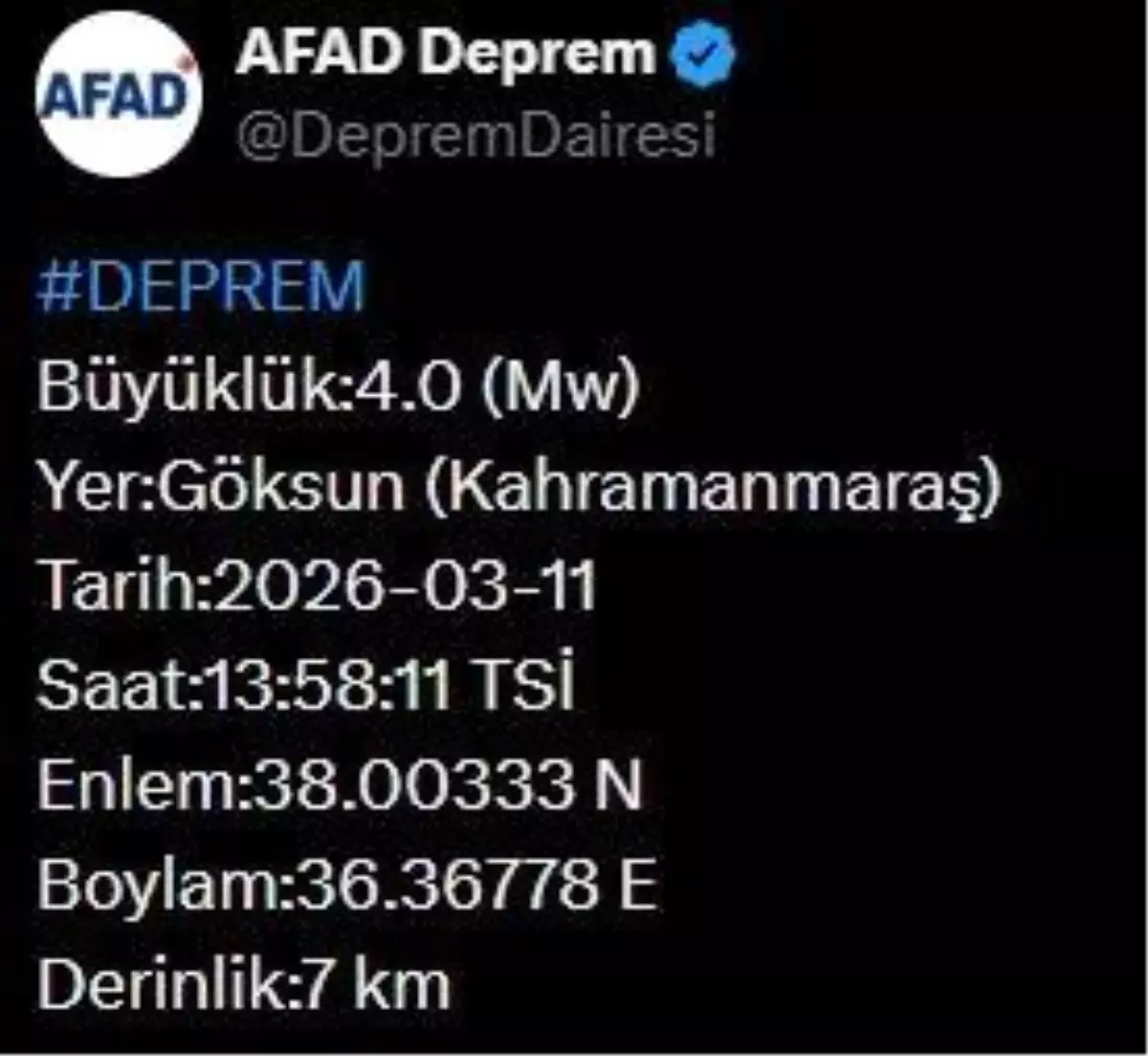 Kahramanmaraş Göksun’da 4.0 Şiddetinde Sarsıntı Gerçekleşti