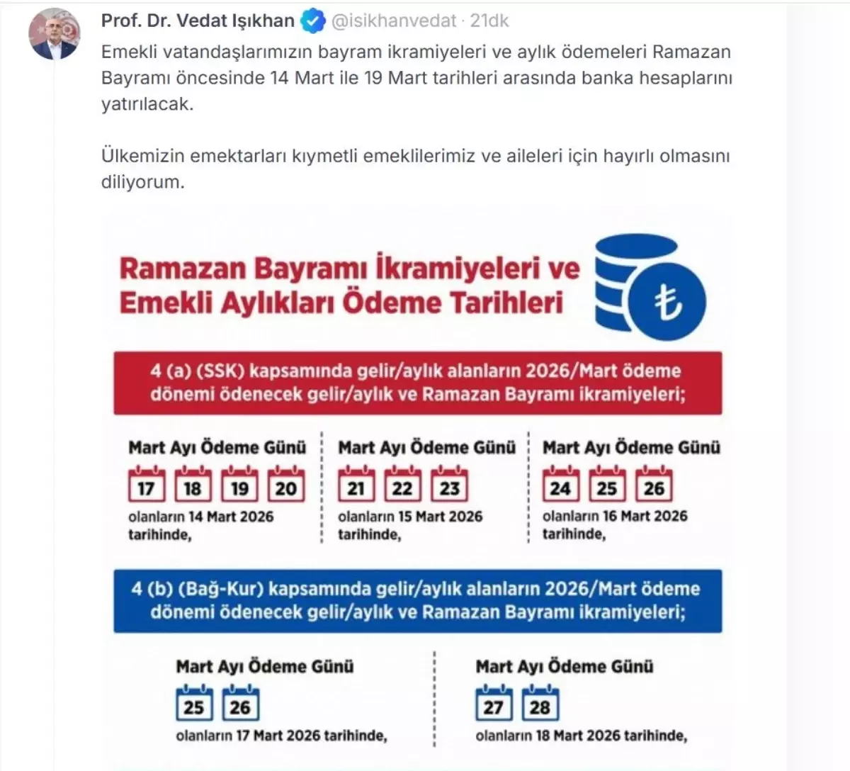 Emeklilere Mart Bayramı İkramiyesi ve Aylık Ödemeler 14-19 Mart Tarihinde Yapılıyor