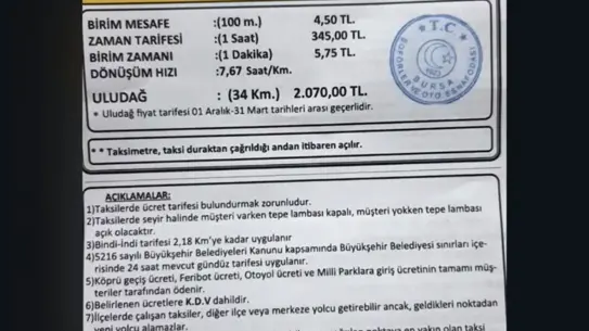 Bursa’da Taksi Tarifesi Yenilendi: Açılış Ücreti 52 TL, Kilometre Başına 45 TL