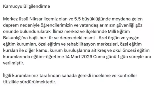 Tokat’ta 5.5 Büyüklüğündeki Deprem Sonrası Okullarda Eğitim Ara Verildi