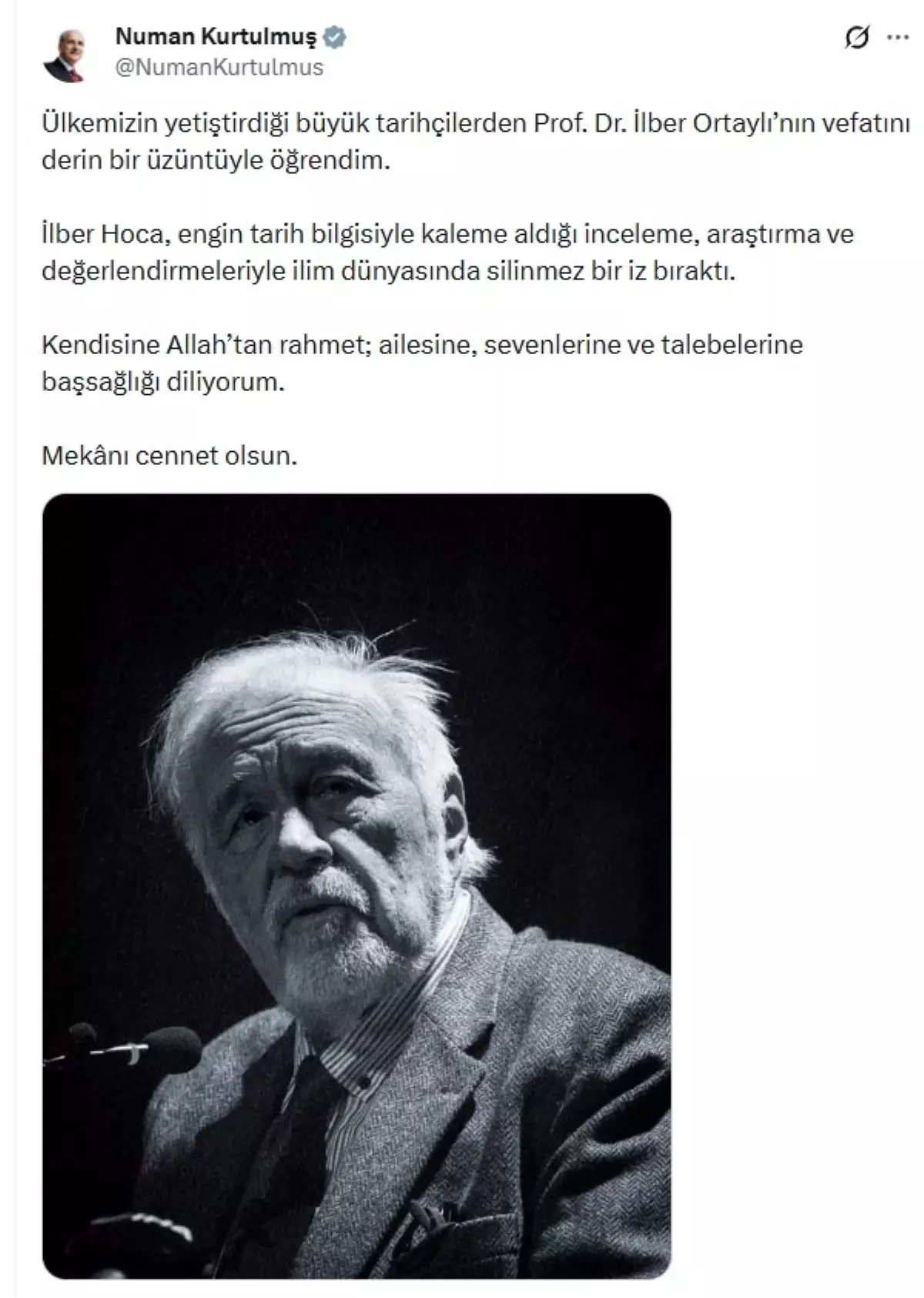 TBMM Başkanı Kurtulmuş'tan İlber Ortaylı'ya Duygusal Taziye Mesajı