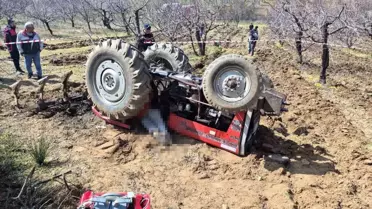 Devrilen traktör ve kazanın gerçekleştiği an