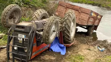 Devrilen traktör ve enkaz durumu