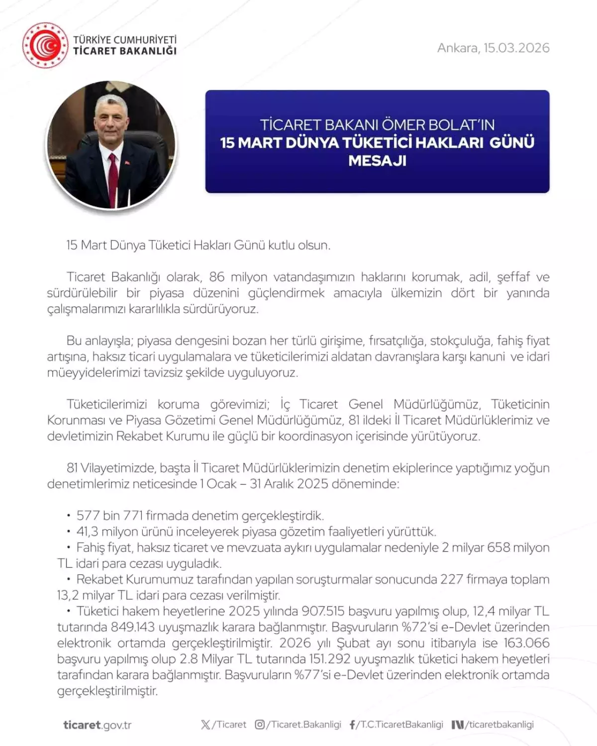 Bakan Bolat’tan Dünya Tüketici Hakları Günü’nde Koruma Sözü: Tüketiciler Güvende