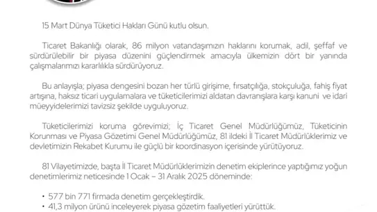 Bakan Bolat’tan Dünya Tüketici Hakları Günü’nde Koruma Sözü: Tüketiciler Güvende