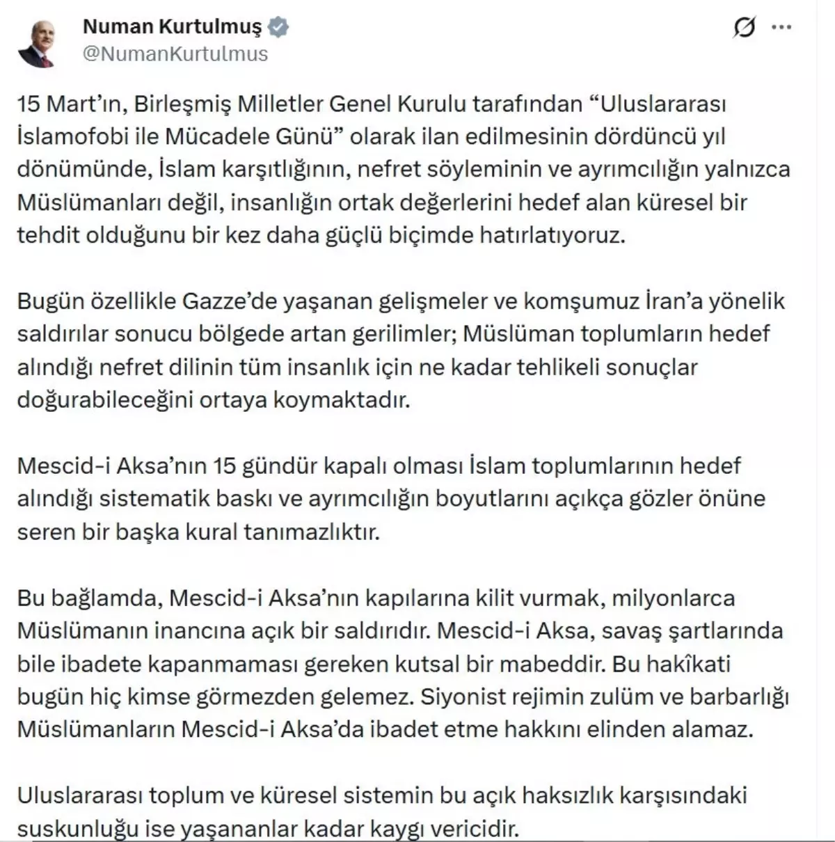 TBMM Başkanı Kurtulmuş'tan Mescid-i Aksa Kapama Kararına Sert Tepki