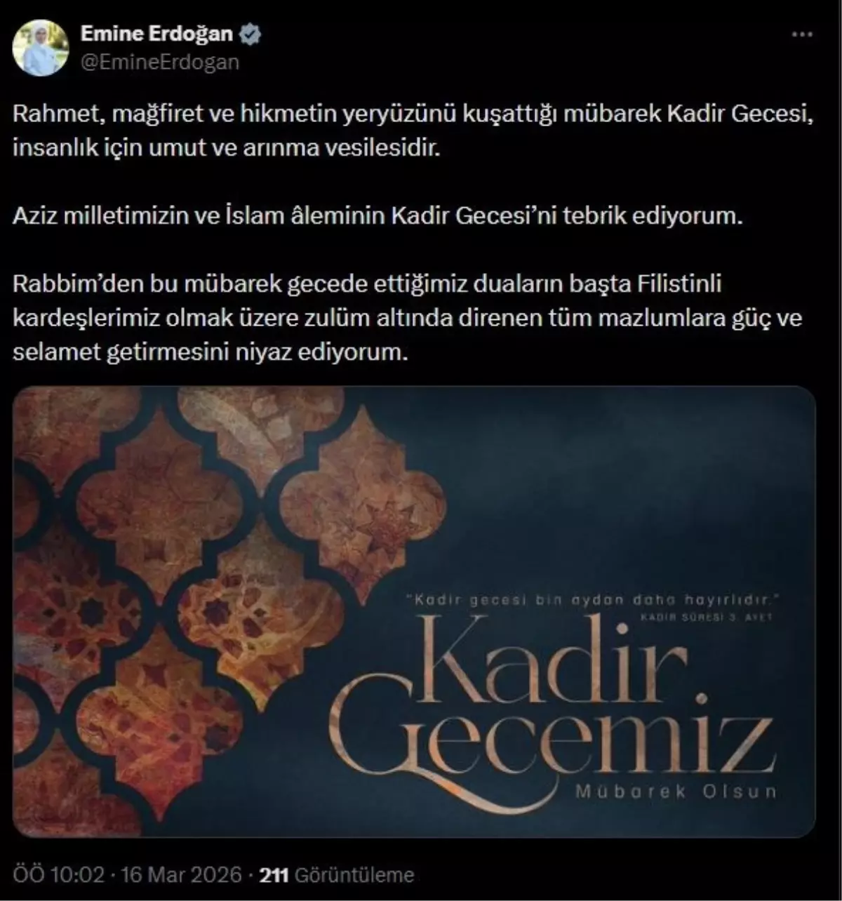 Emine Erdoğan'dan Kadir Gecesi'nde Birlik ve Barış Mesajı