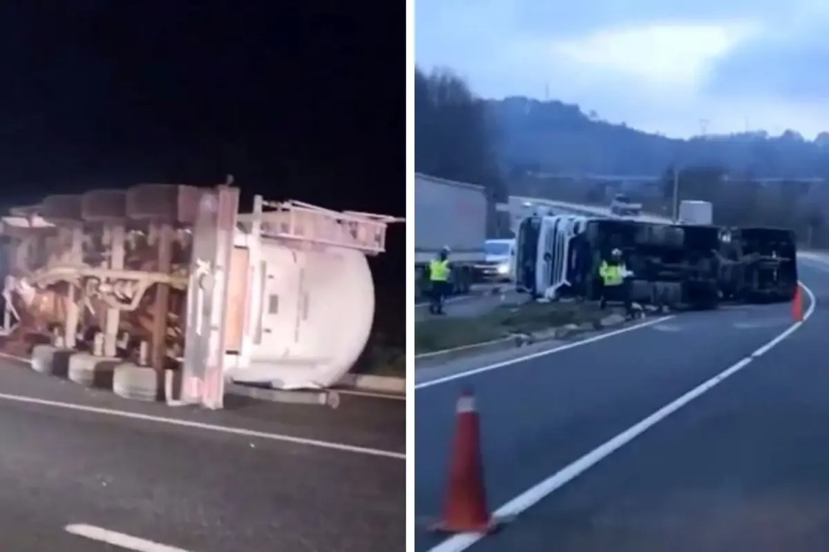 Düzce'de Çimento Tankeri Devrildi, Sürücü Yaralandı