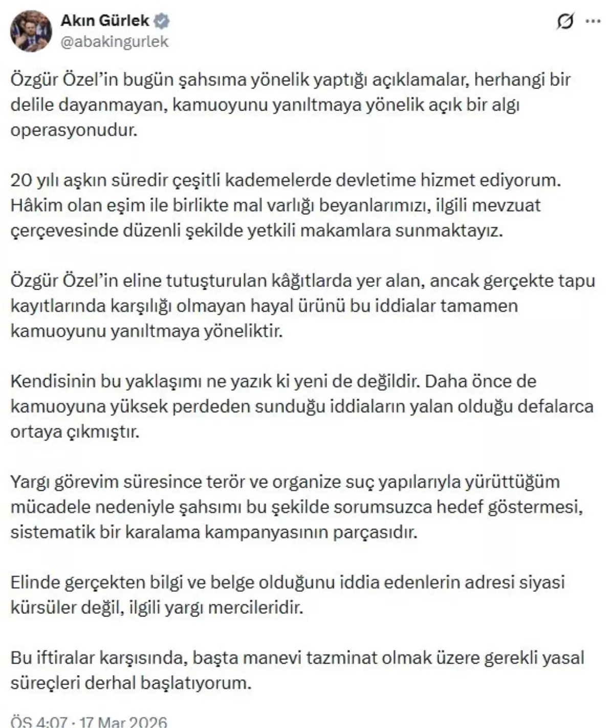 Adalet Bakanı Gürlek, Özgür Özel'e Karşı İftira Davası Açıyor