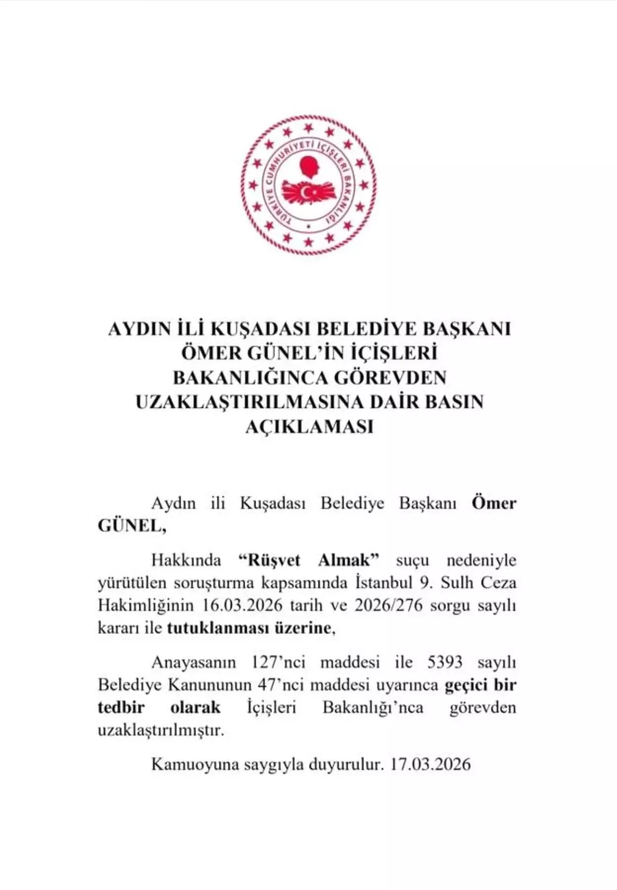 İçişleri Bakanlığı, Kuşadası Belediye Başkanı Ömer Günel'in Görevden Uzaklaştırıldığını Resmi Açıklama ile Duyurdu