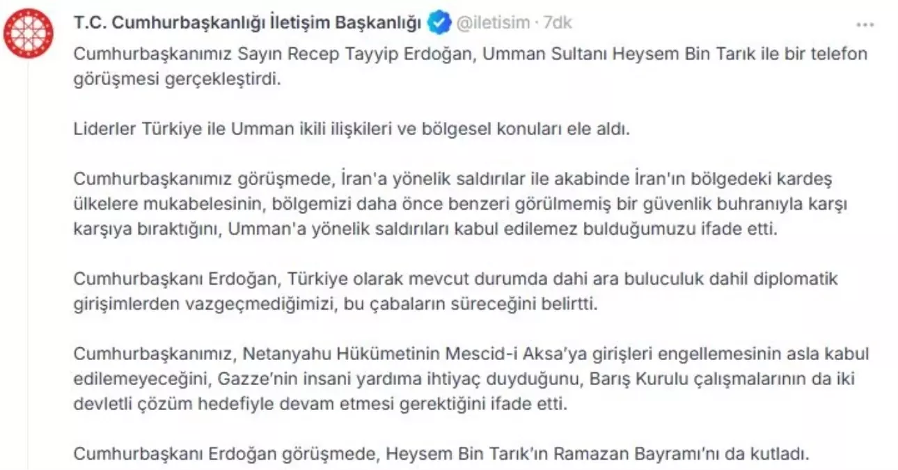 Erdoğan, Umman Sultanı Heysem Bin Tarık ile Telefon Görüşmesi Gerçekleştirdi