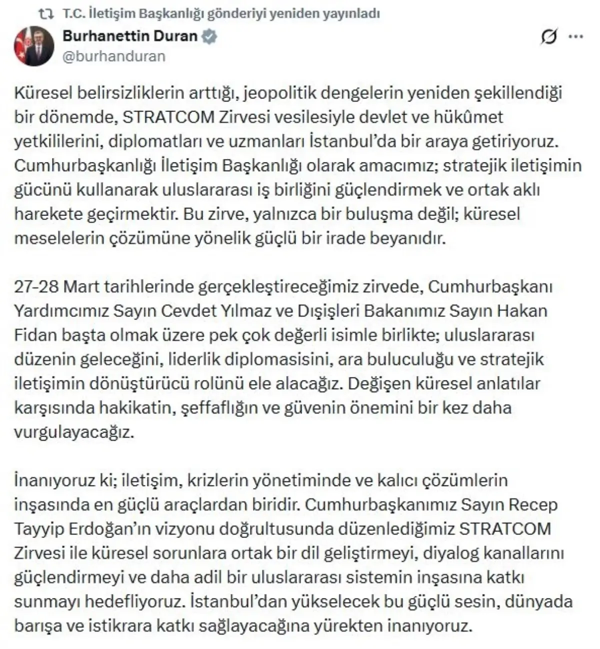 STRATCOM Zirvesi'nde Küresel Diyalog ve Adil Uluslararası Sistem Vurgusu