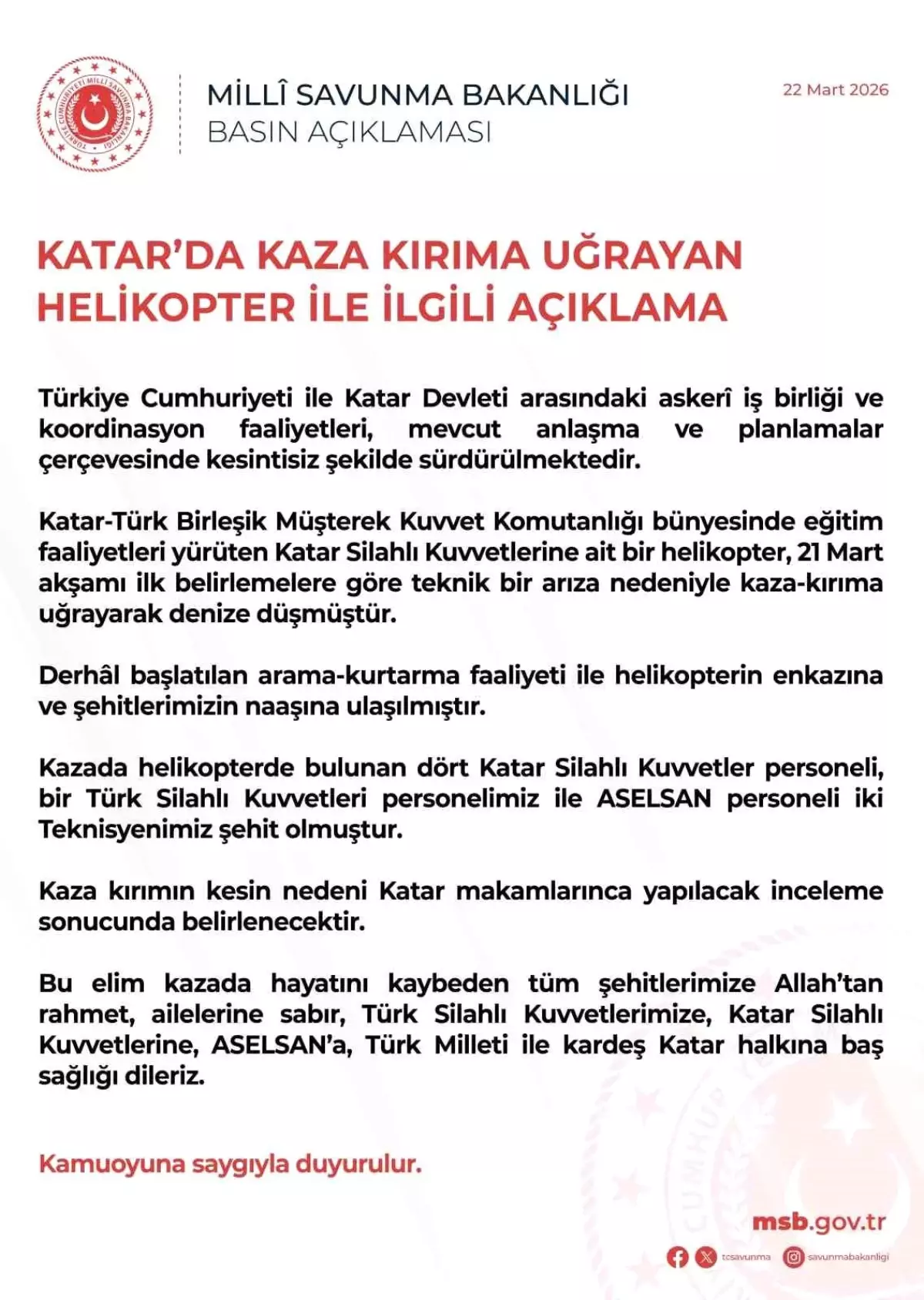 Katar’da Teknik Arızadan Düşen Askeri Helikopterde 3 Türk Asker Şehit Oldu