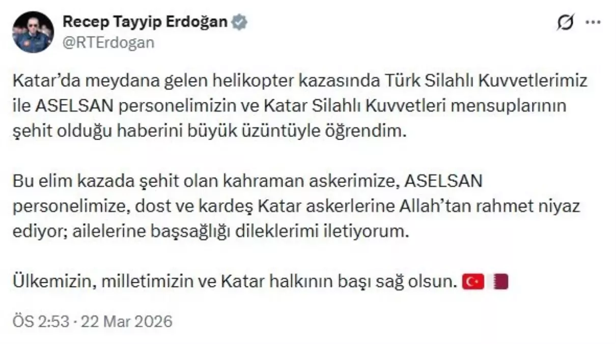 Erdoğan, Katar Helikopter Kazasını Yürekten Yaktı: Şehit Asker ve ASELSAN Personeline Başsağlığı Diledi