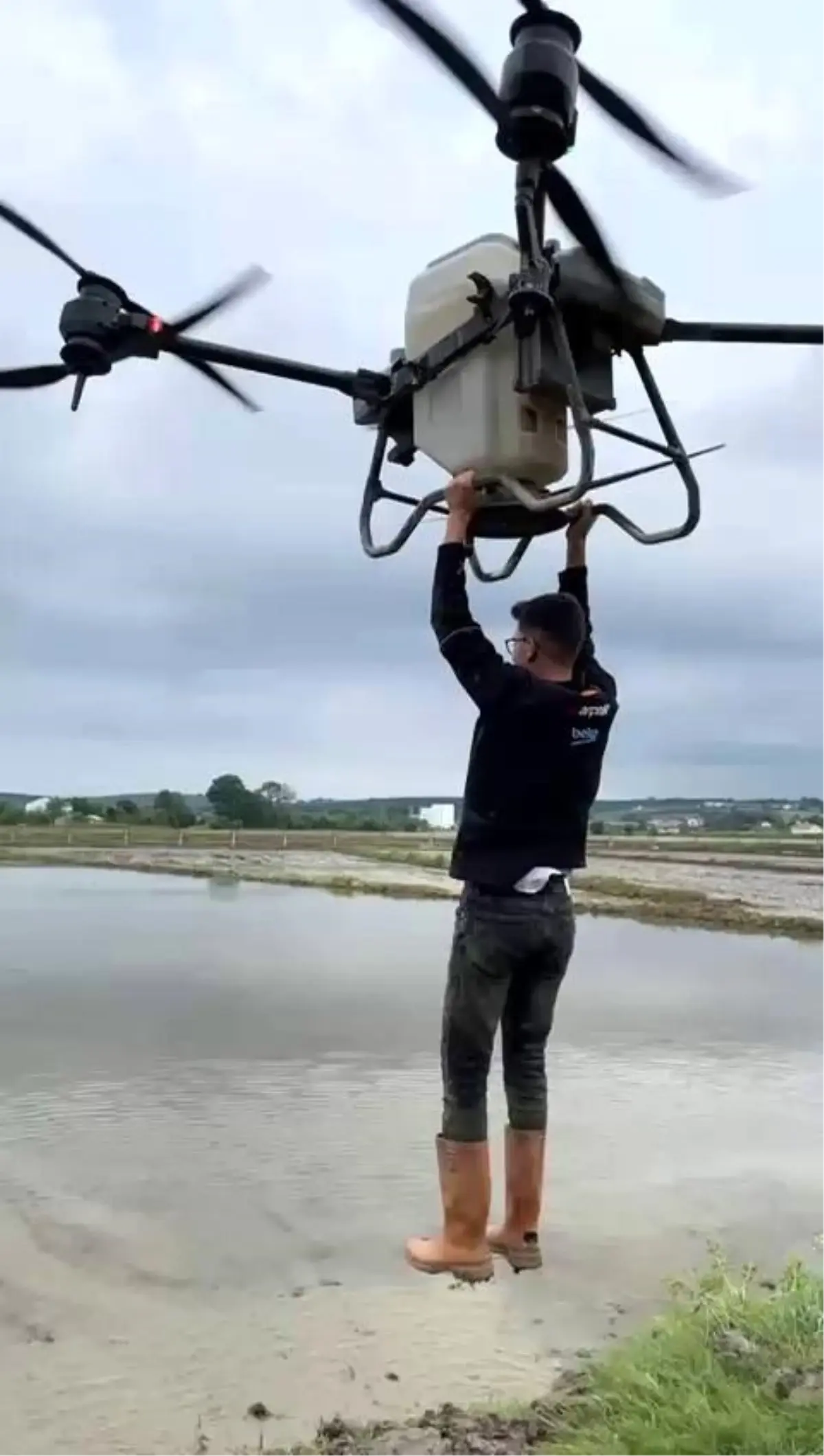 Çiftçi Tarım Dronuna Tırmanıp Çeltik Tarlasını Havadan Geçti