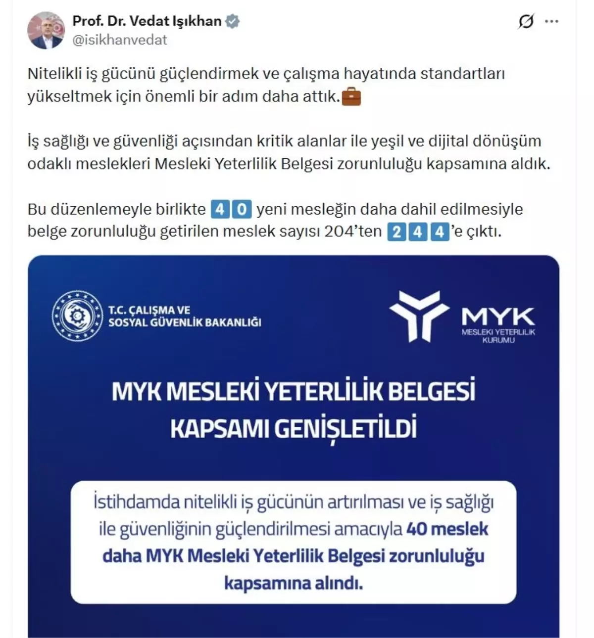Bakan Işıkhan'dan Mesleki Yeterlilik Belgesi Kapsamına 244 Meslek Eklendi