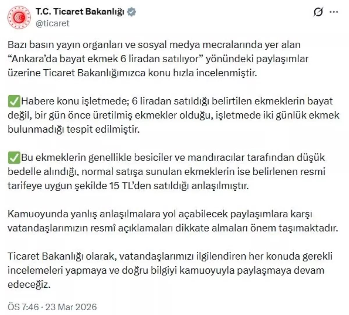 Ticaret Bakanlığı'ndan 6 TL'lik Ekmek Açıklaması: Üretim Tarihi ve Kalite Detayları