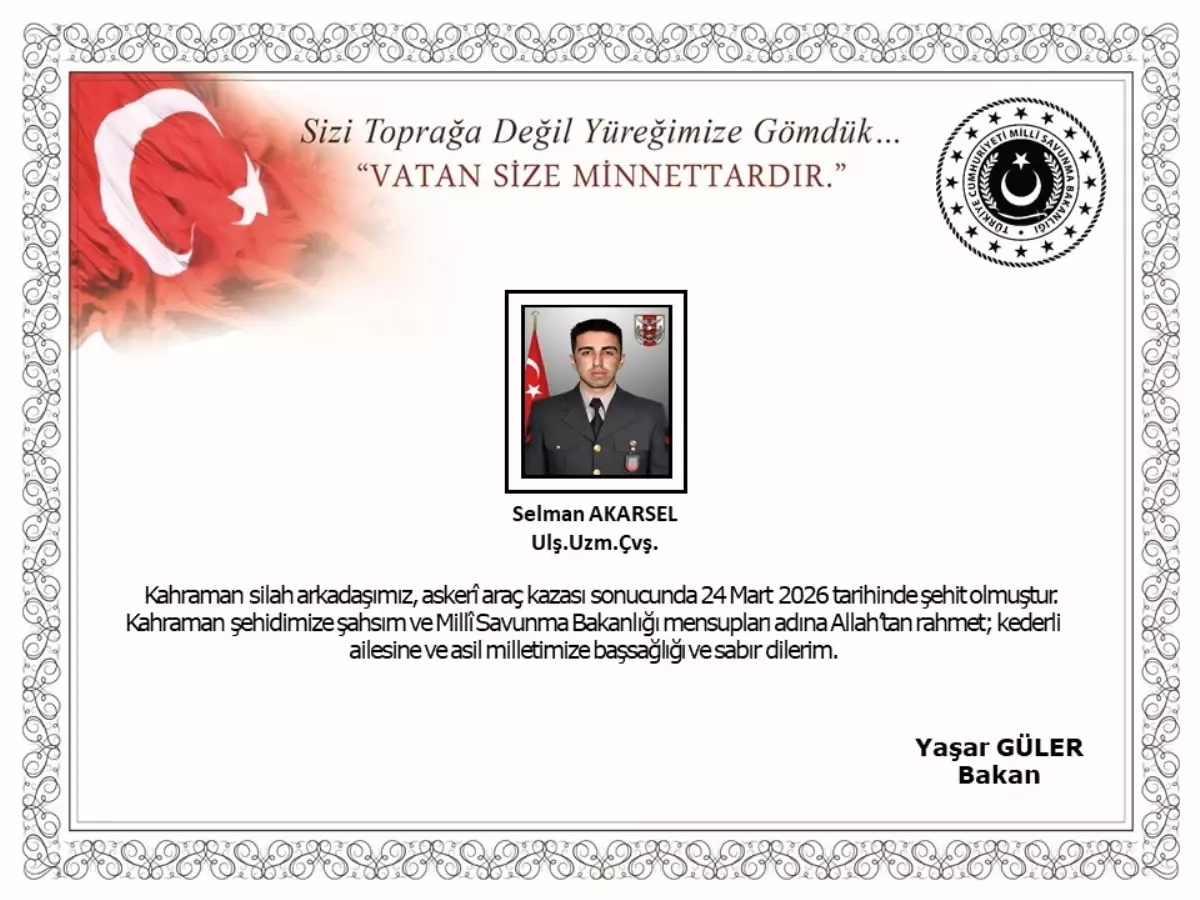 Ağrı’da Askeri Araç Kazasında 2 Şehit: Uzman Çavuş Selman Akarsel Hayatını Kaybetti