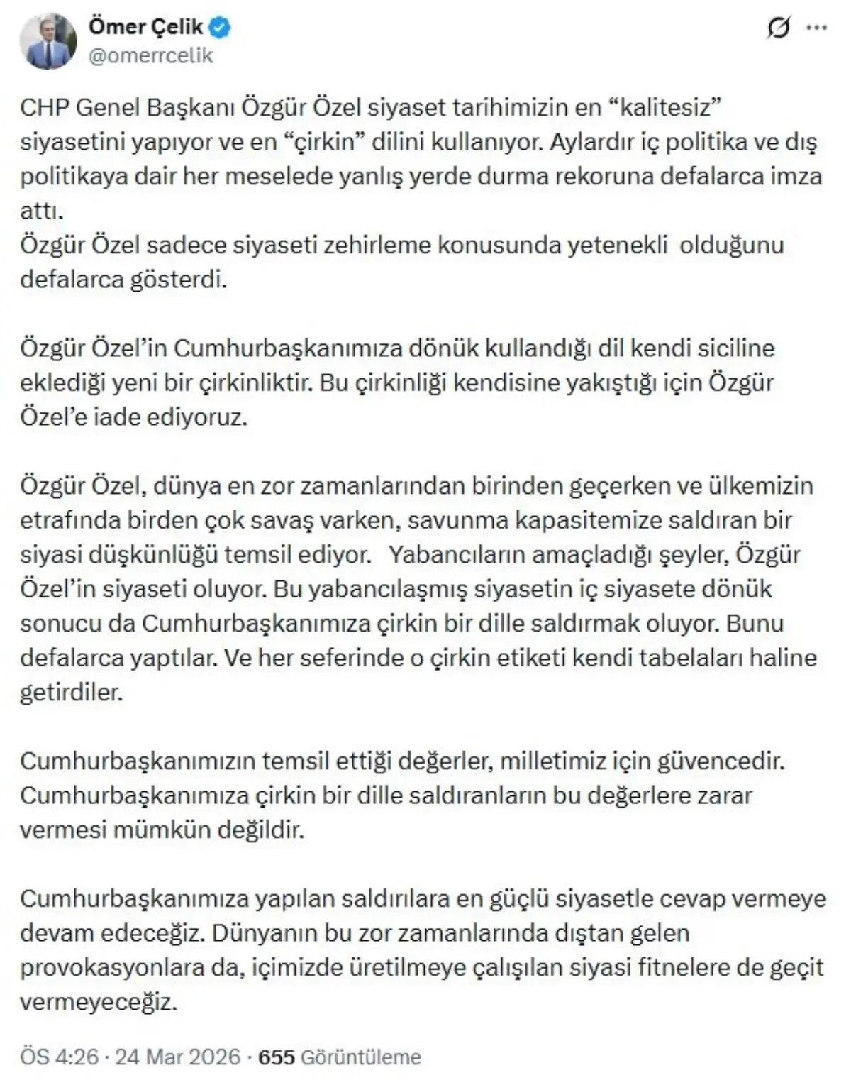 Ömer Çelik, Özgür Özel'in Siyasi Tutumunu Sertçe Eleştirdi