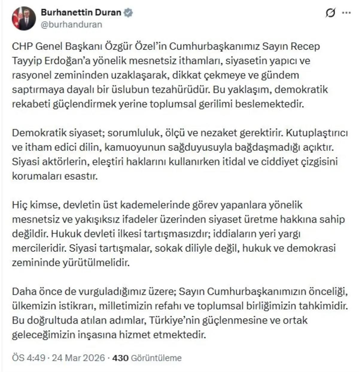 Demokratik Siyaset İçin Sorumluluk ve Nezaket: Burhanettin Duran’ın Açıklamaları