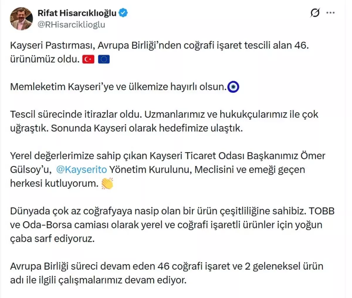 Kayseri Pastırması Avrupa Birliği'nden Coğrafi İşaret Tescili Aldı