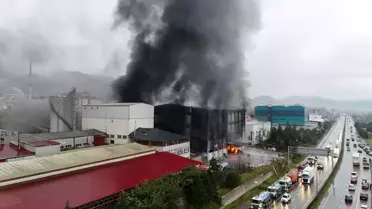 Yangın sonrası duman ve söndürülmüş fabrika