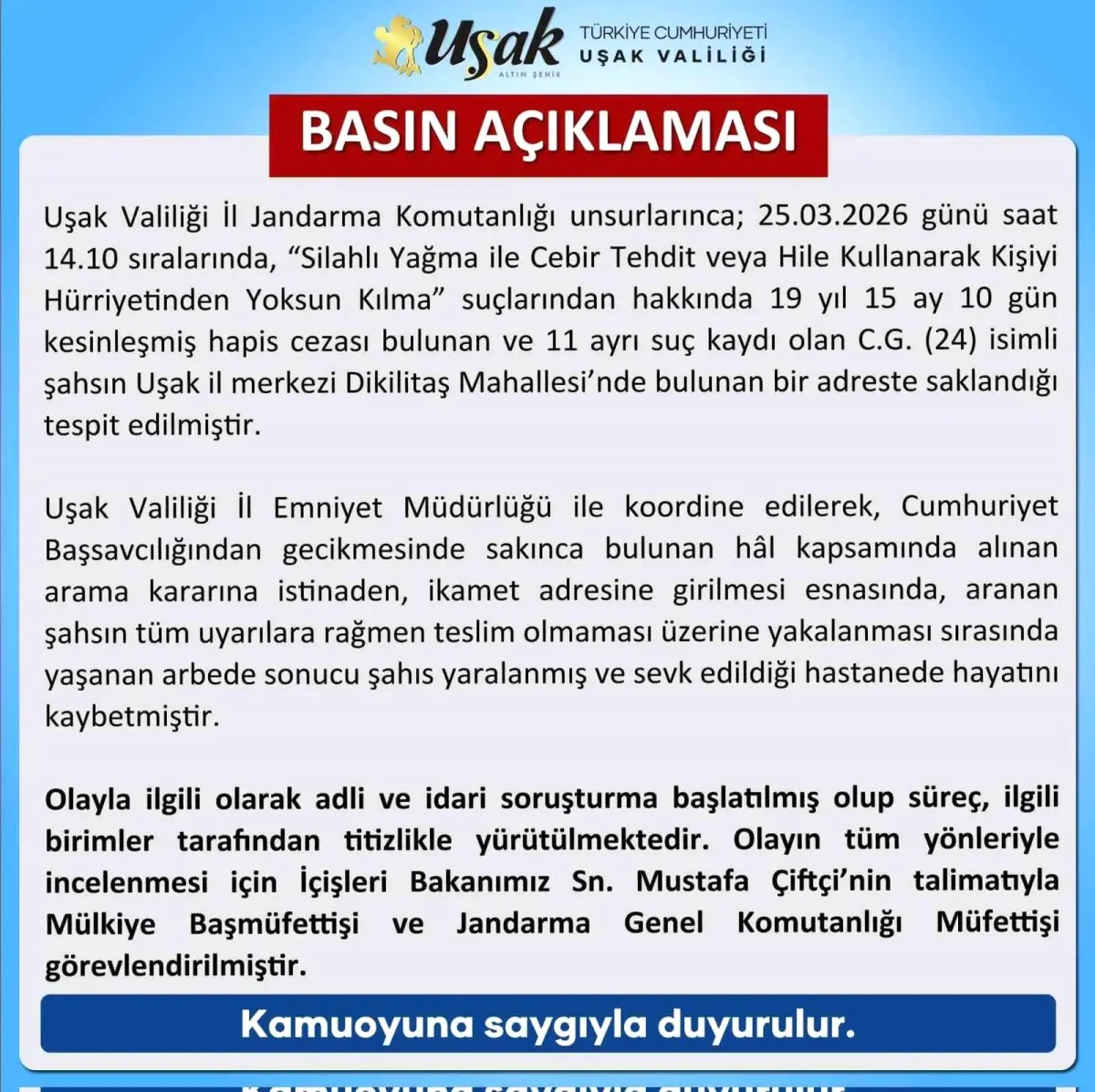 Uşak Valiliği'nde Operasyon Sırasında Yaralanan Mahkum Hayatını Kaybetti