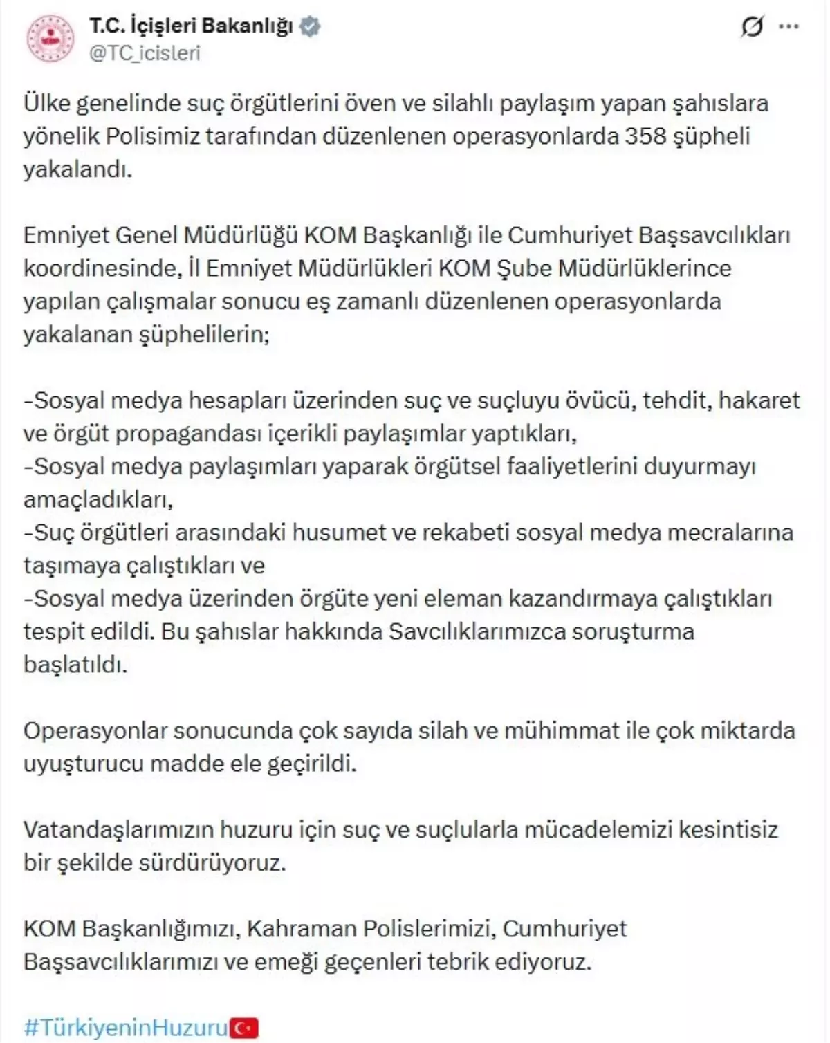 İçişleri Bakanlığı, 358 Şüpheliyi Suç Örgütü Operasyonunda Yakalamayı Başardı
