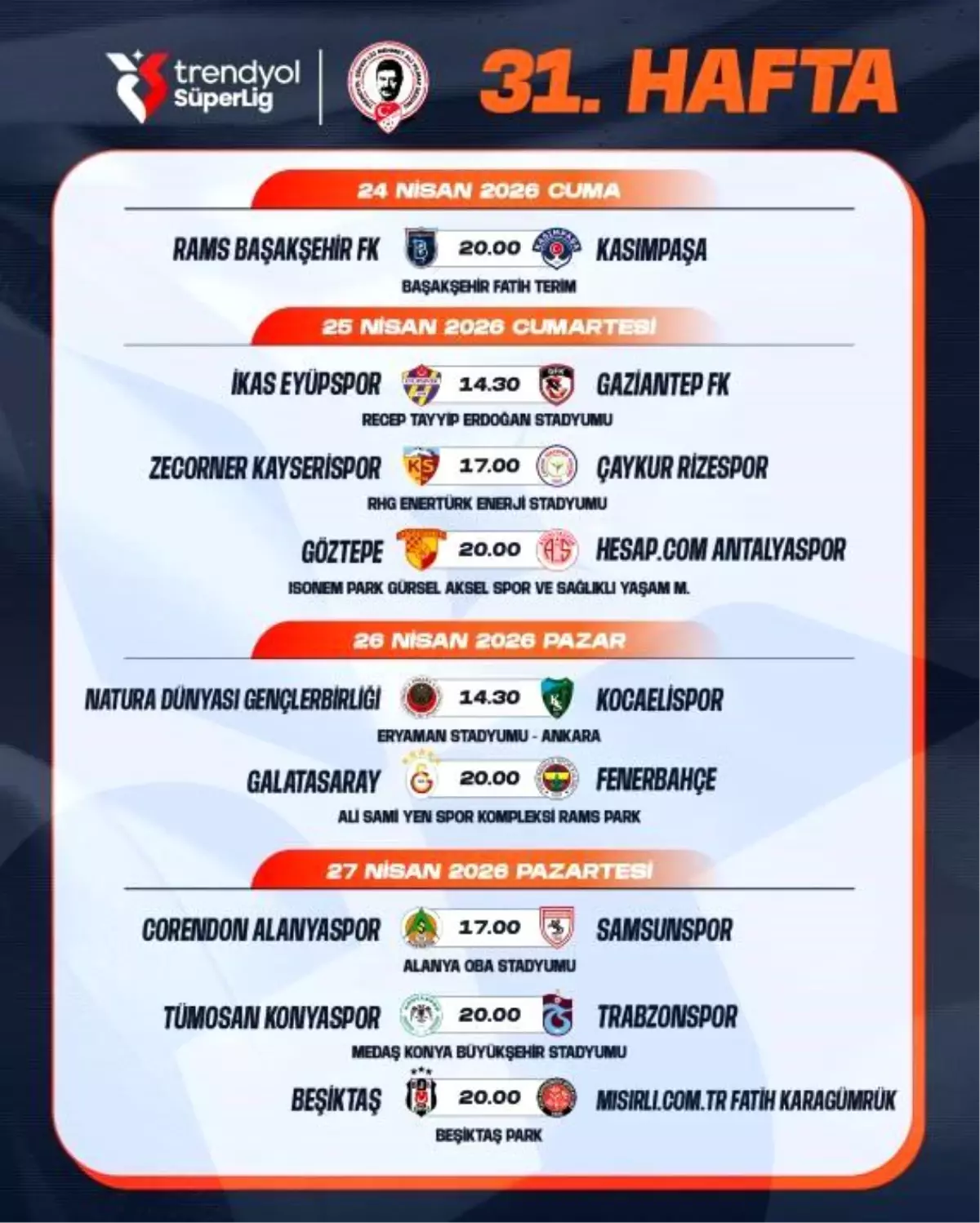 Galatasaray ve Fenerbahçe Derbisi 26 Nisan’da Saat 20:00’de Süper Lig’in 31. Haftasında Karşılaşacak