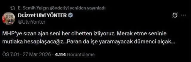 Semih Yalçın’ın paylaşımı kaldırma ekran görüntüsü