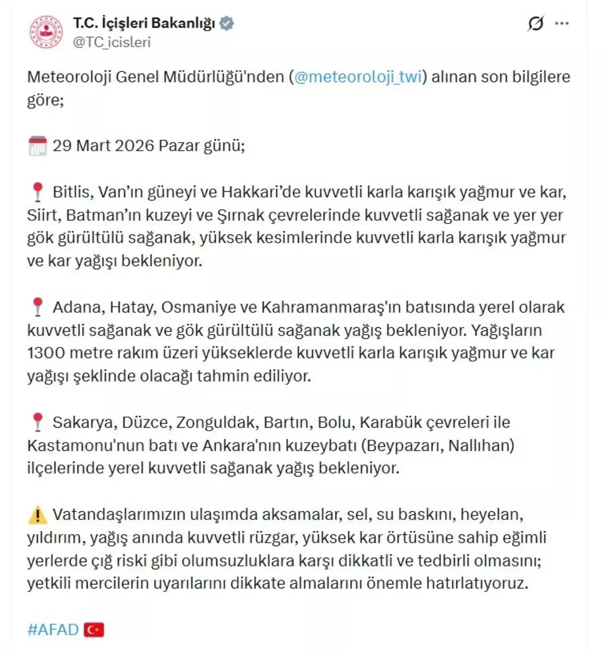 İçişleri Bakanlığı 18 İlde Kar ve Sağanak Yağış Uyarısı Yaptı