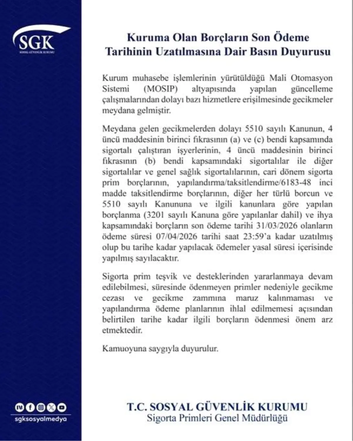 SGK, MOSIP Sorunu Nedeniyle Borç Ödeme Süresini 7 Nisan’a Uzattı