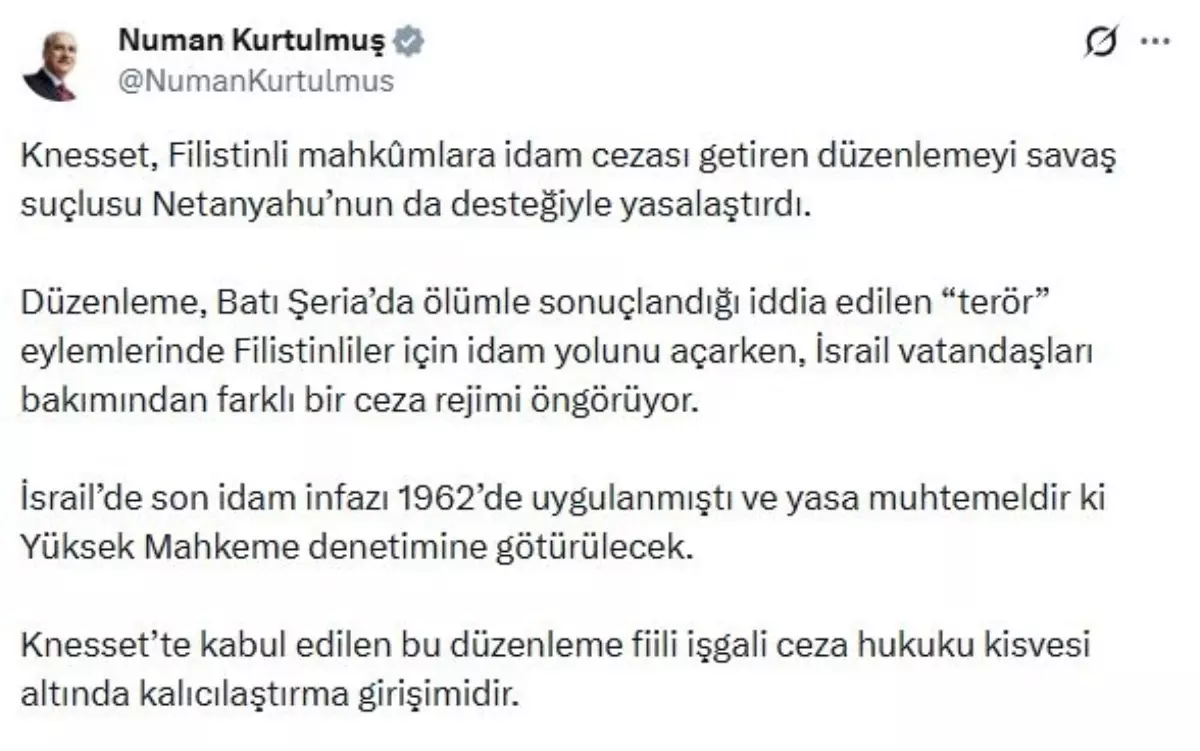TBMM Başkanı Kurtulmuş'tan İsrail'in Yeni Ölüm Cezası Kararına Sert Eleştiri