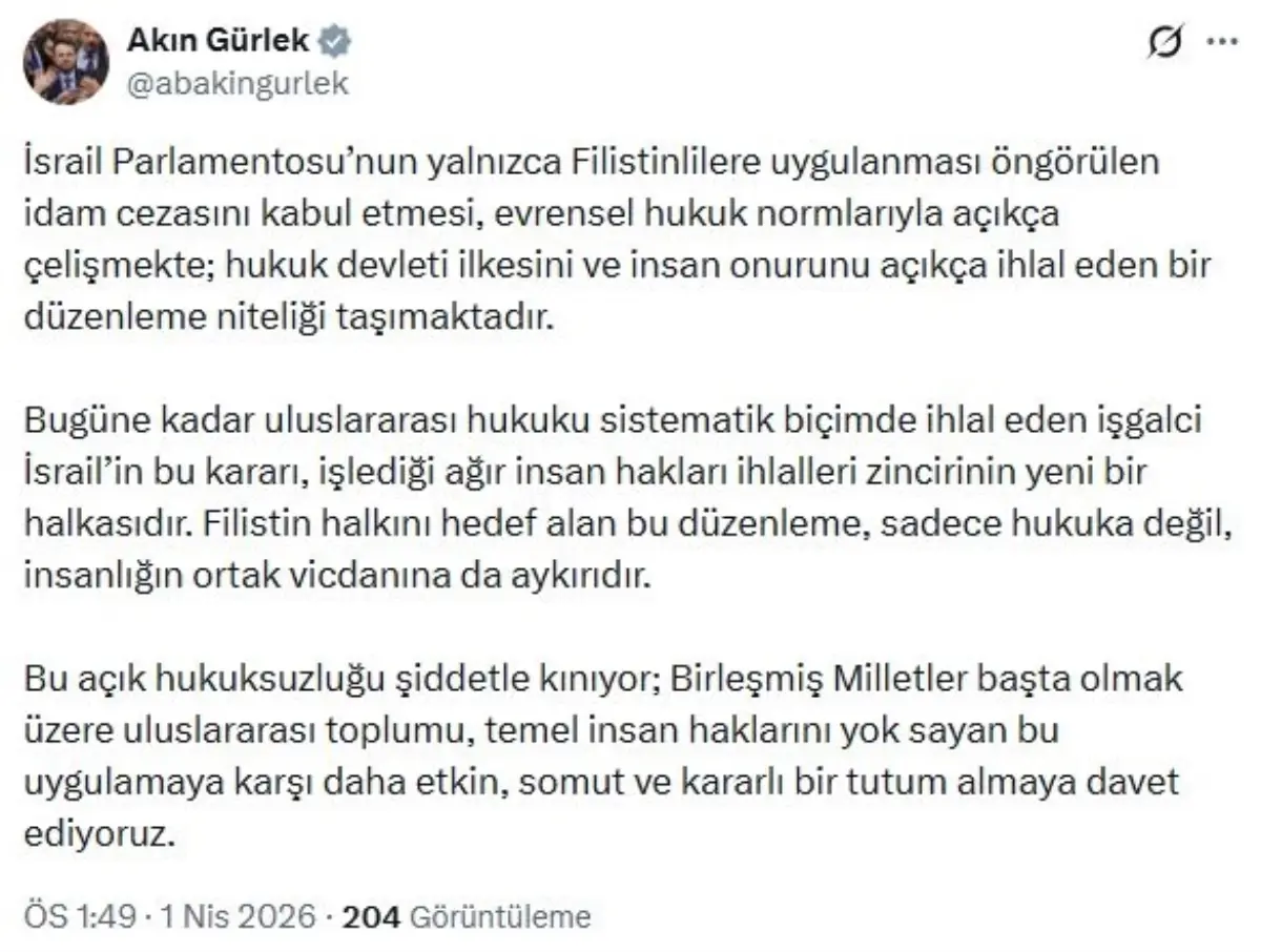 Adalet Bakanı Gürlek, İsrail’in Filistinli Çocuklara Yönelik Ölüm Cezası Uyarısını Kınadı