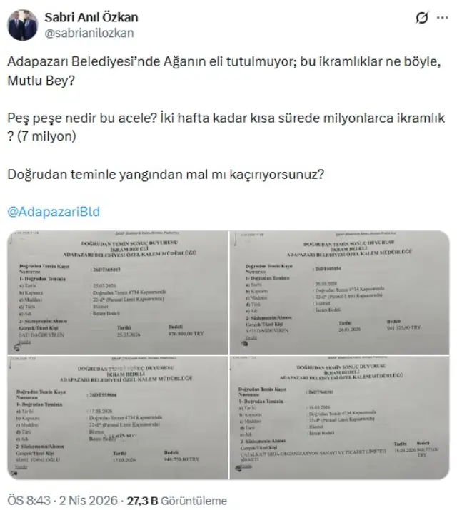 Adapazarı Belediyesi ikram belgeleri