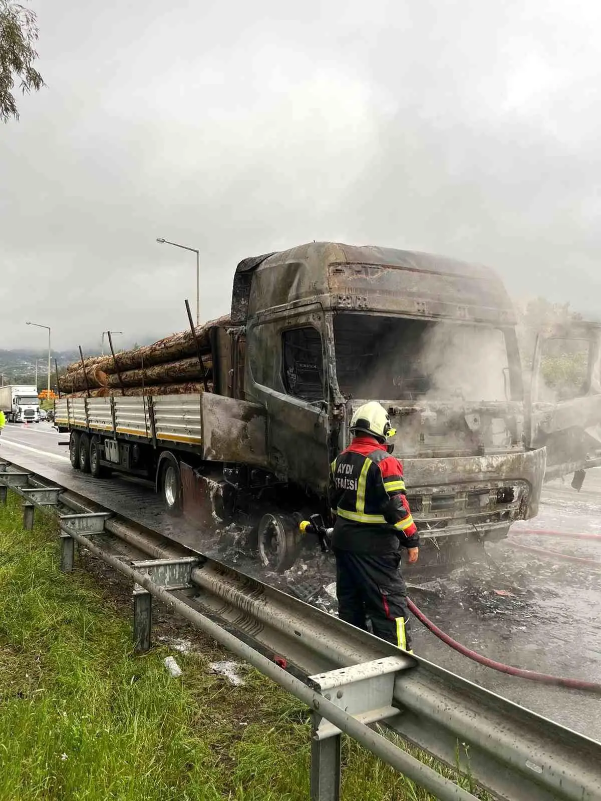 Aydın-İzmir Otoyolu'nda Tomruk Yüklü Tır Yangını Kontrol Altına Alındı