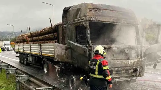 Tomruk yüklü tırın yanmış hali