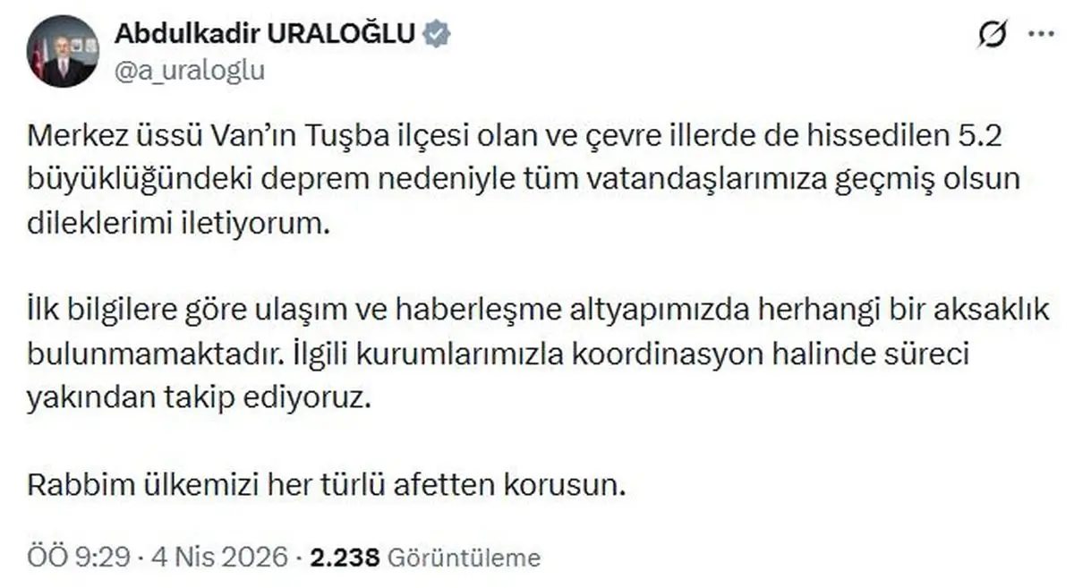 Van'ın Tuşba İlçesinde 5.2 Şiddetinde Deprem Sarsıntısı: Can Kaybı Yok