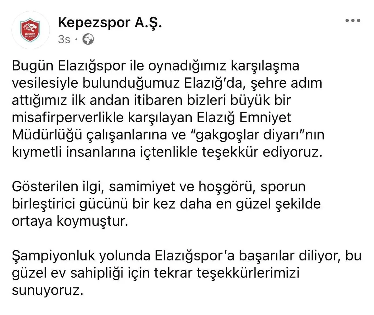 Kepezspor, Elazığ Halkına ve Emniyetine Teşekkür Etti