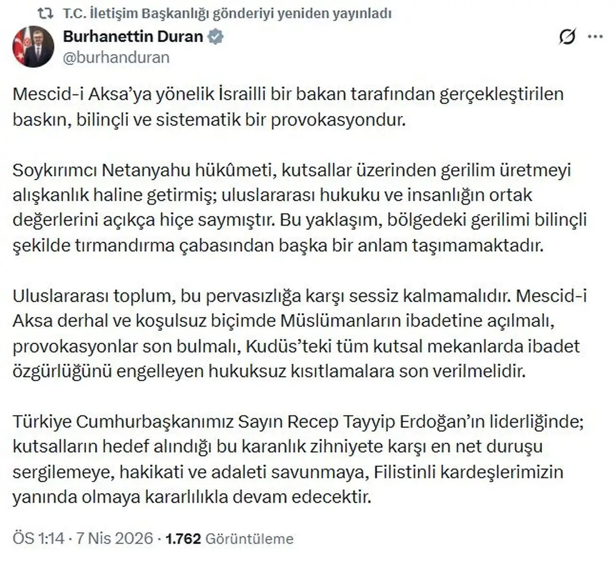 İletişim Başkanı Duran'dan Mescid-i Aksa Baskınına Yönelik Sert Eleştiri