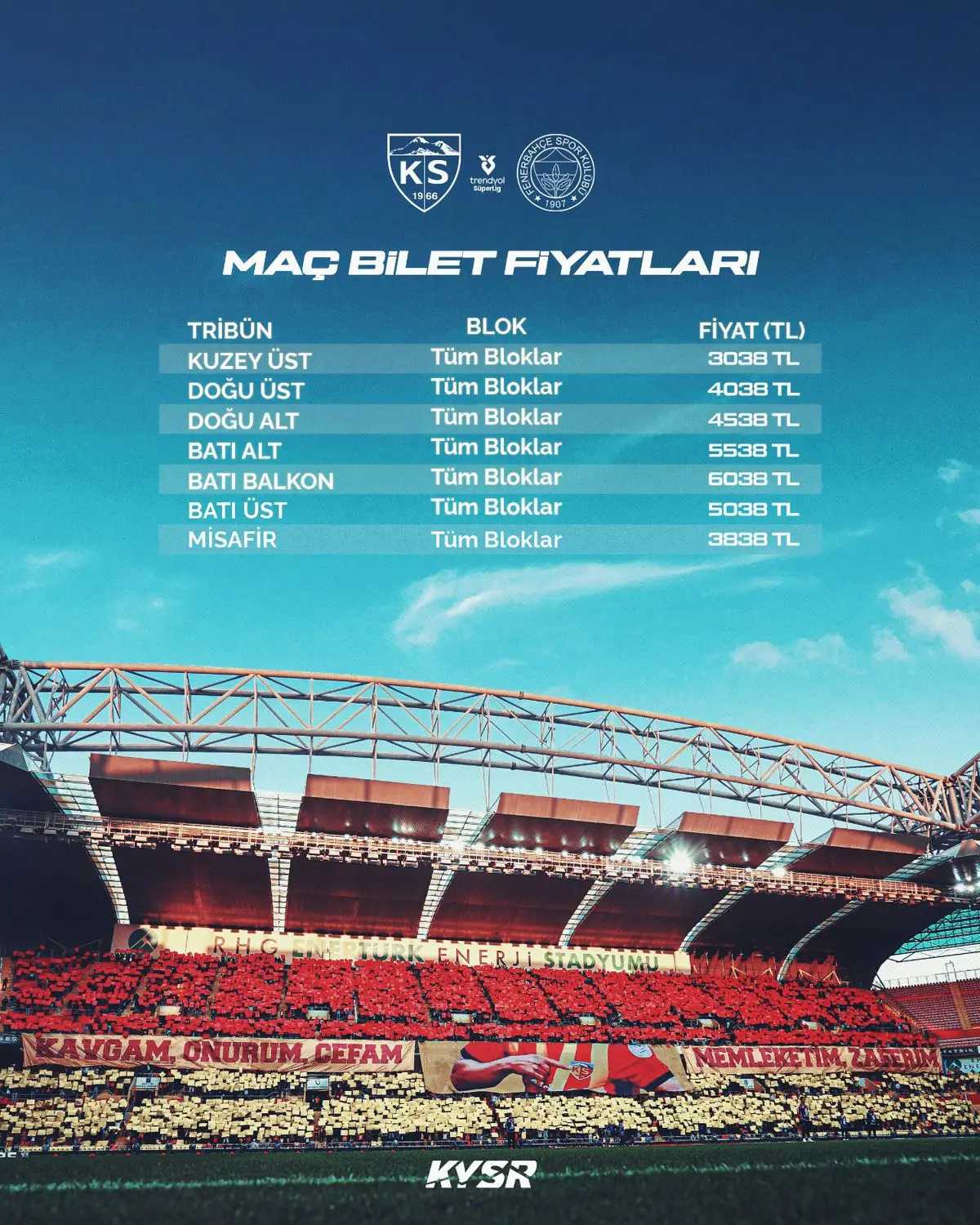 Kayserispor ve Fenerbahçe Maçının Biletleri 3‑6 Bin TL Arasında Belirlendi