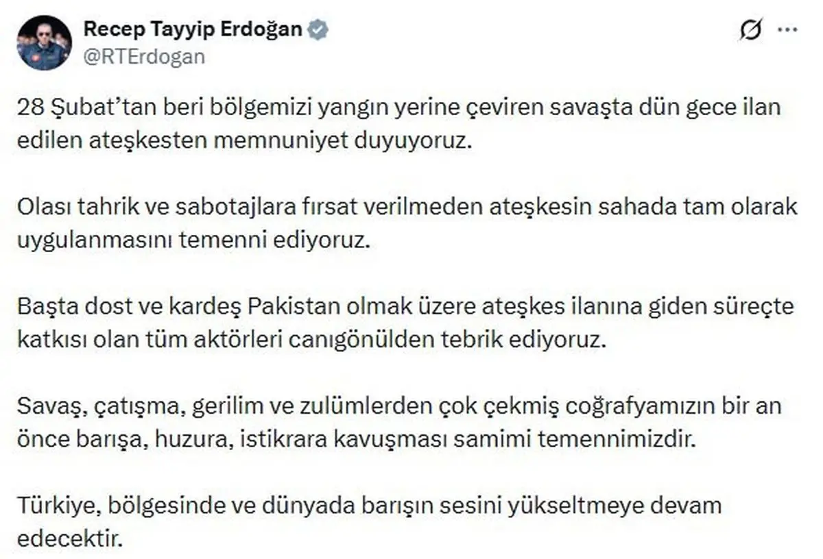 Erdogan: Yeni Ateşkes Kararı Bölgeyi Yatıştırıyor