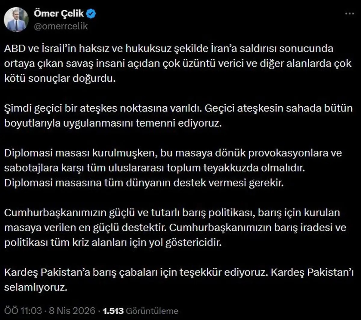 Ömer Çelik'ten Geçici Ateşkes Çağrısı: Uluslararası Toplumun Desteği Şart