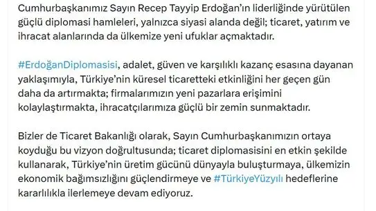 Ticaret Bakanı Bolat: Erdoğan Diplomasisi Türkiye'nin Küresel Ticaret Gücünü Katlıyor