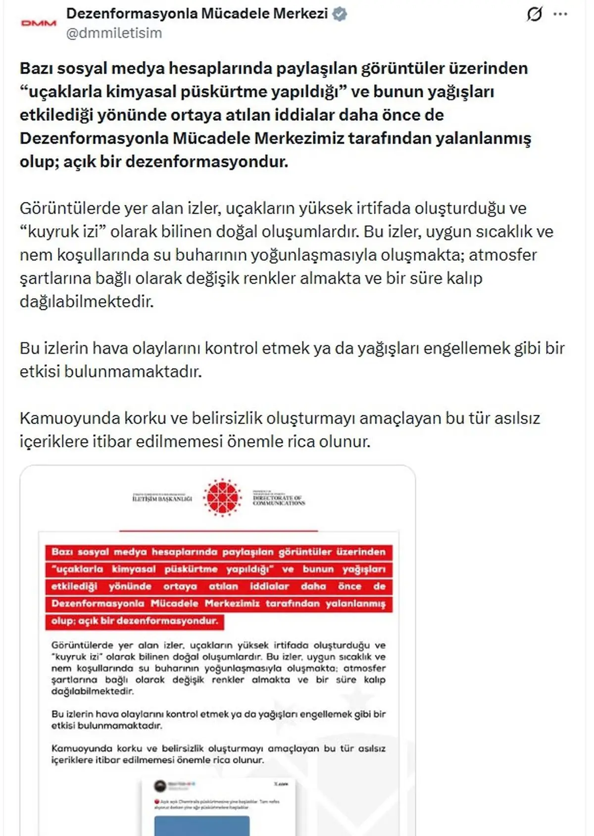 İletişim Başkanlığı'ndan Kimyasal Püskürtme İddialarına Resmi Red