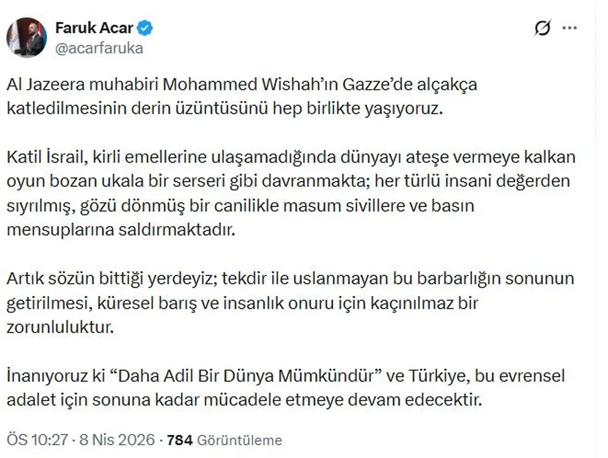 Acar: İsrail'in Gazze Operasyonu İnsanlık Dışı Bir Saldırıya Dönüştü