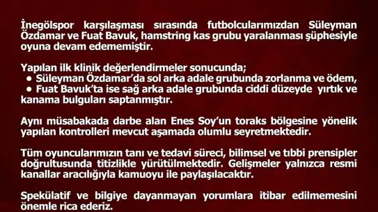 Elazığspor'da Sakatlanan Futbolcuların Durumu Açıklandı