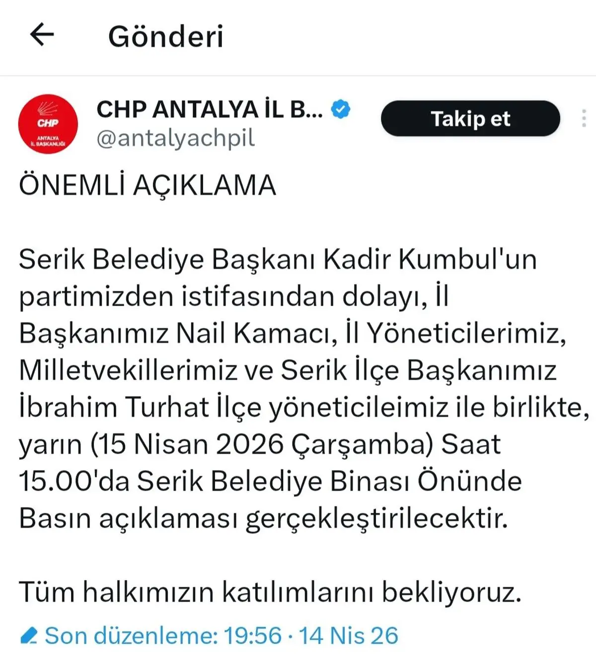 Serik Belediye Başkanı Kadir Kumbul CHP'den Ayrıldı: Açıklama Yarın